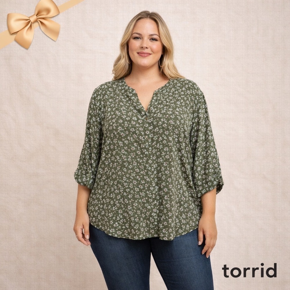 Torrid Harper Olive Green Floral Button Blouse Size 14-16